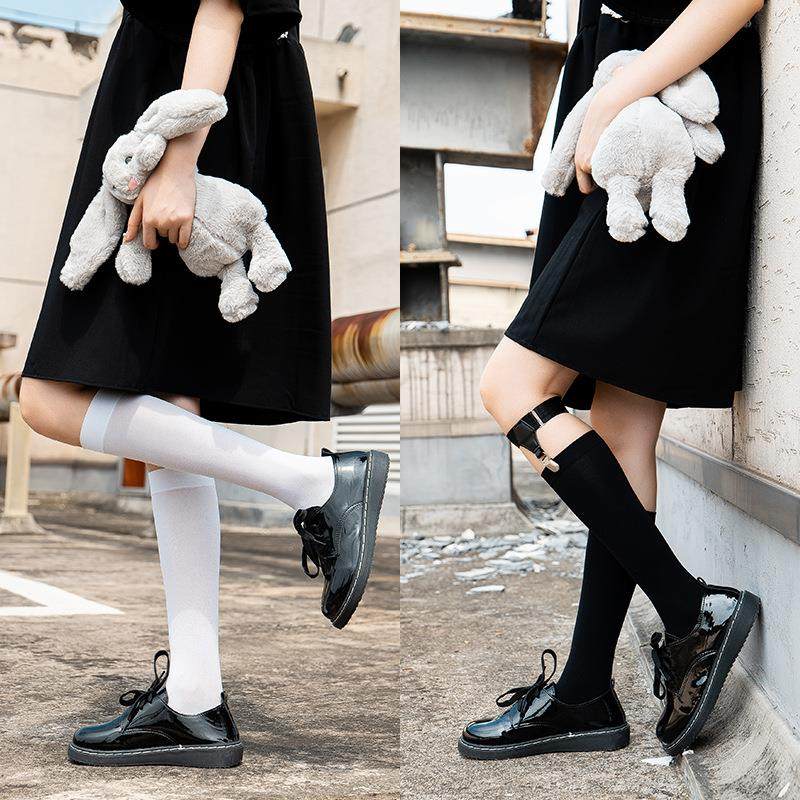 洛丽塔小腿袜天鹅绒中筒jk制服美腿袜日系学生袜黑白色过膝长丝袜