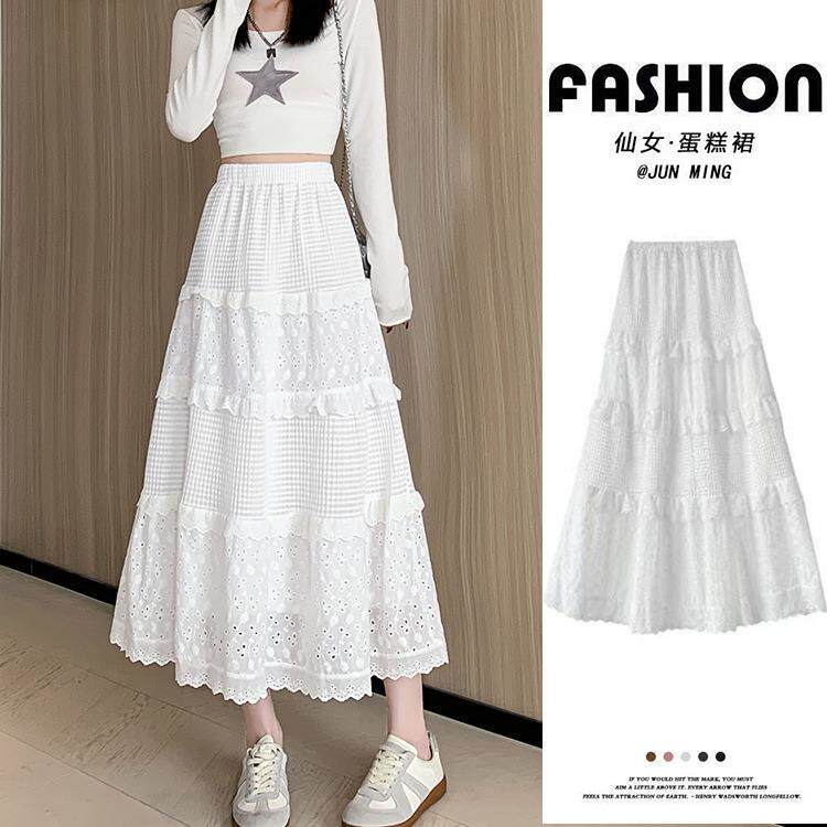 白色蛋糕裙女春款半身裙温柔风小个子中长裙高腰气质优雅裙子