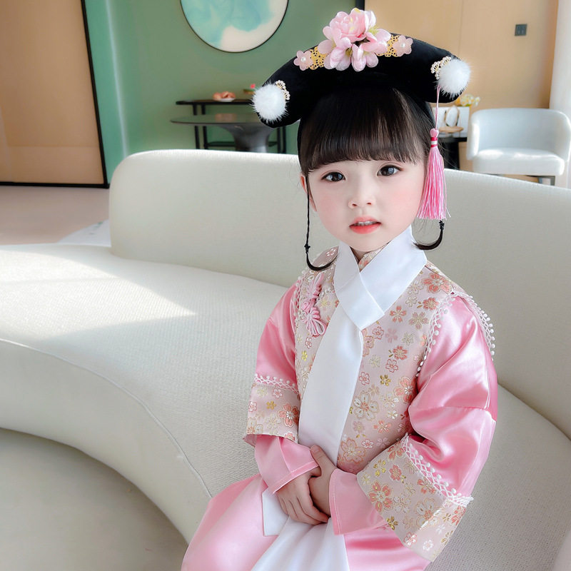 童装女童春秋季新款马夹加长裙两件套清宫格格改良汉服唐装复古风