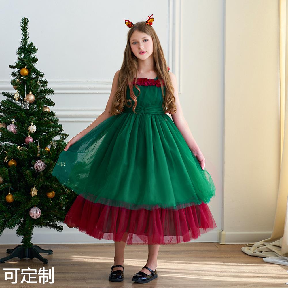 女孩红绿圣诞礼服蓬蓬婚纱裙礼服 儿童婚礼舞会派对晚礼服公主裙