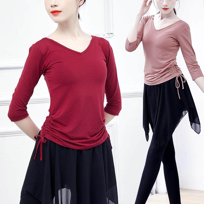 舞蹈旗袍上衣古典现代练功服装成人瑜伽形体女V领修身系带T恤定制