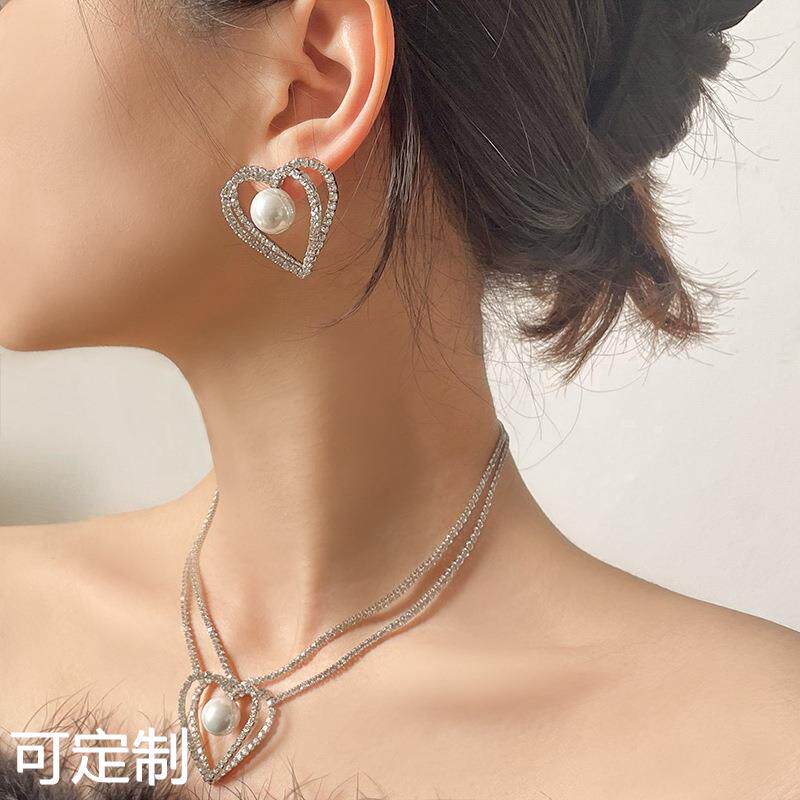 欧美个性心形项链耳环立体镶钻气质爱心脖链简约婚礼配饰