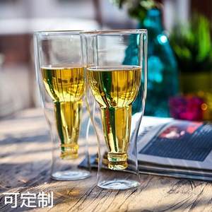 厂家现货人工吹制透明玻璃果汁杯不规则创意双层啤酒红酒杯350ml