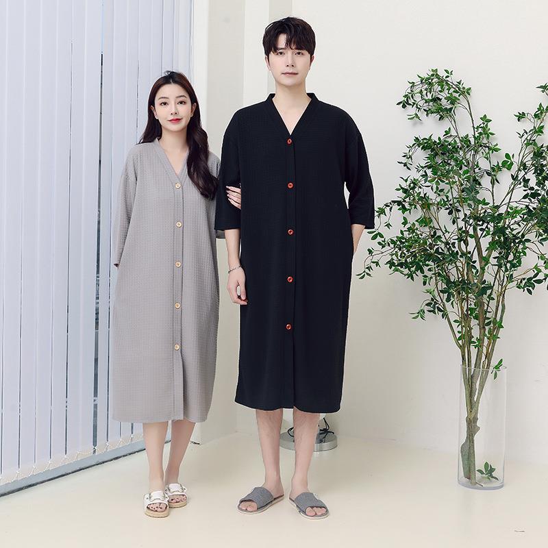 新款纽扣睡裙女薄款睡衣男加肥加大码吸水速干睡裙式浴袍情侣睡袍