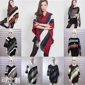 韩版女装流苏套头中长款针织斗篷女2021冬季时尚披肩条纹毛衣外套