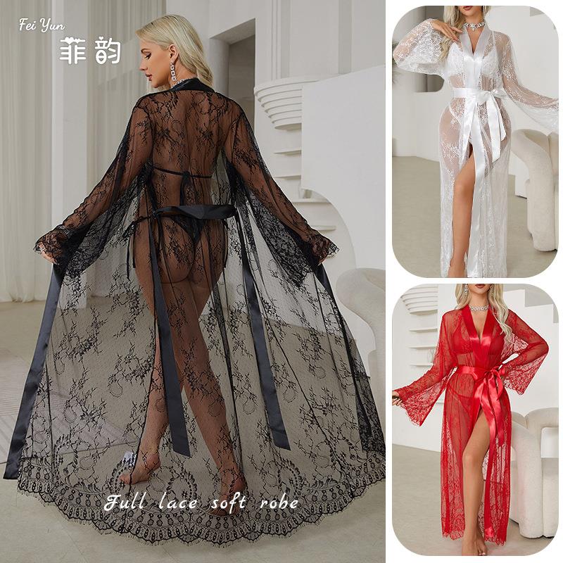 菲韵 外贸蕾丝花边睡袍透视睡衣女外穿家居服677