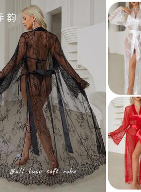 菲韵 外贸蕾丝花边睡袍透视睡衣女外穿家居服677