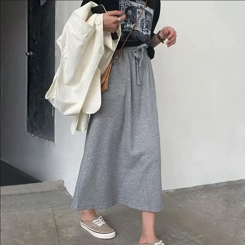 灰色棉卫衣半身裙女2026秋冬新款松紧腰显休闲运动风过膝长裙子