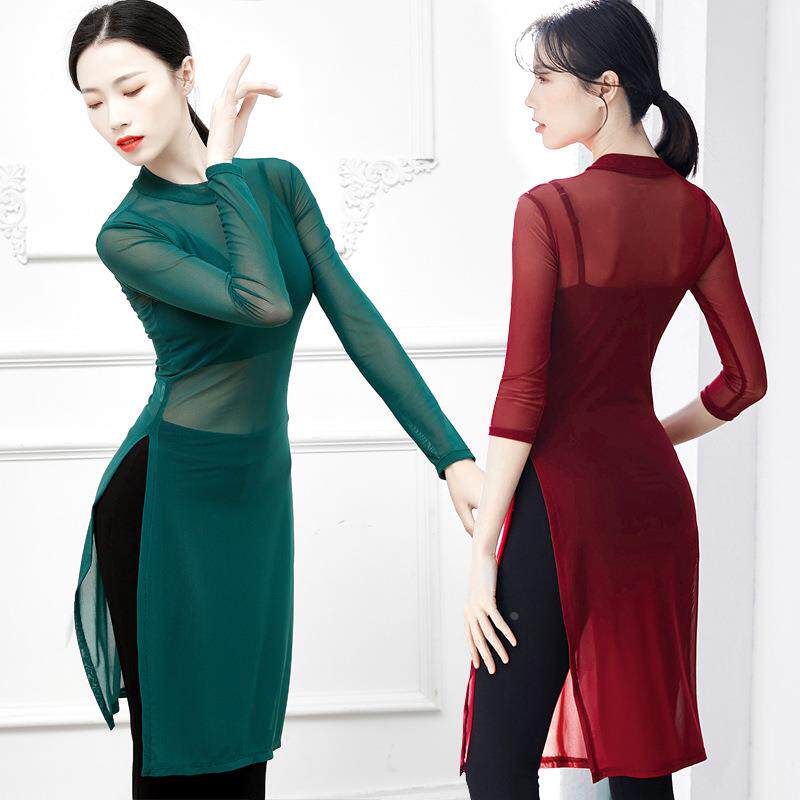 中长款舞蹈服装开叉高领网纱女修身瑜伽形体现代古典练功上衣成人