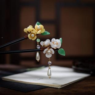木簪子古风流苏盘发头饰旗袍现代简约日常款式琉璃花朵时尚发簪