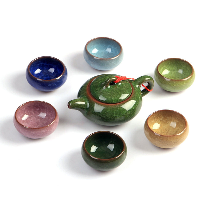 厂家陶瓷7头冰裂釉功夫茶具套装整套泡茶壶品茗杯七彩礼品