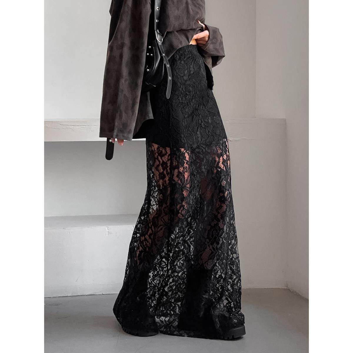 欧美复古百搭黑色涤蕾丝透视及踝裙夏季时尚中腰通勤半身裙女,女装/女士精品,半身裙,淘宝优惠券,粉丝福利购,淘宝优惠卷