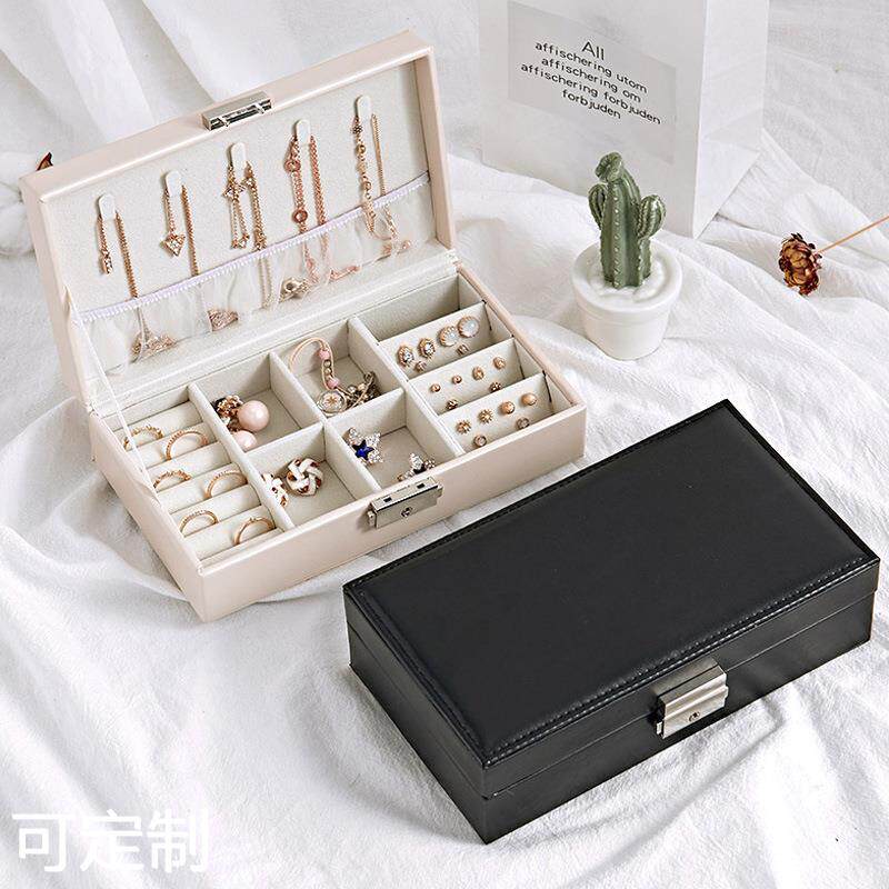 简约韩式皮革首饰收纳盒小巧戒指耳钉项链翻盖多格便携首饰盒收纳