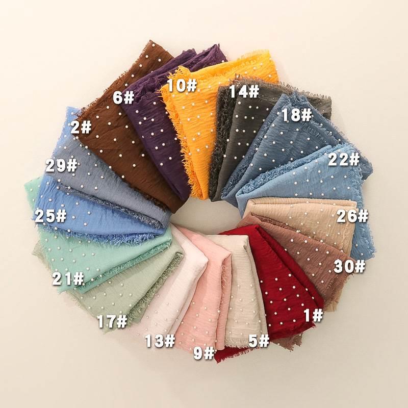 春夏新款棉麻压皱单纯色围巾女钉珍珠涤纶丝时尚百搭披肩现货