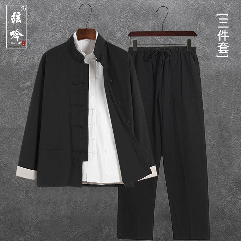 中国风男装三件套叶问咏春李小龙同款武术功夫太极服盘扣禅服唐装