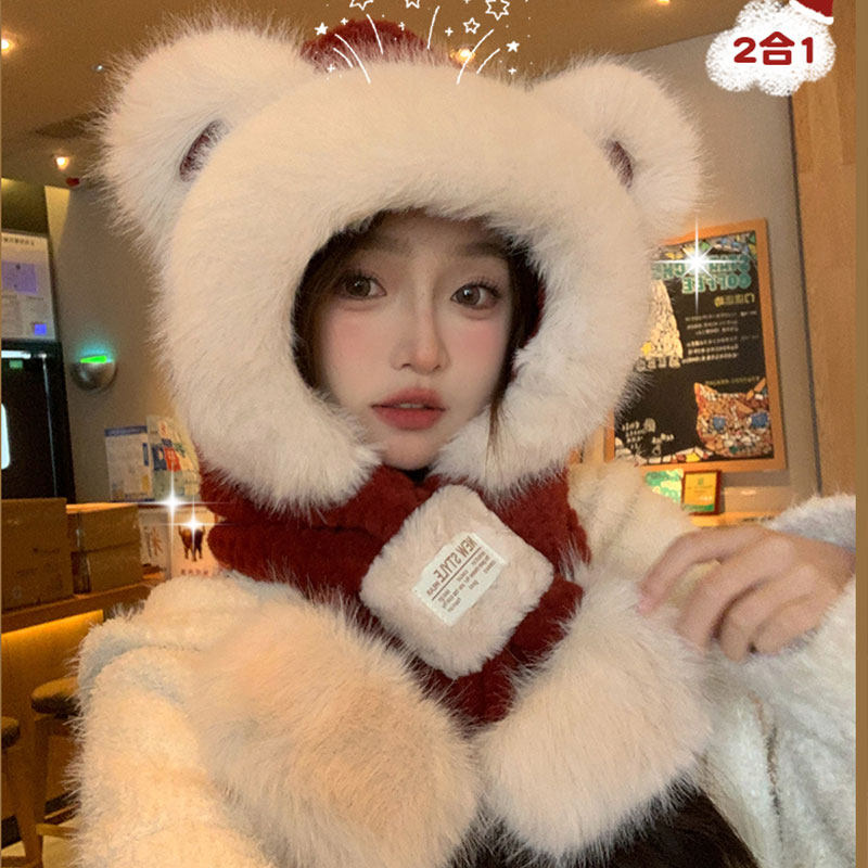 安哥拉红可爱小熊帽子围巾一体帽