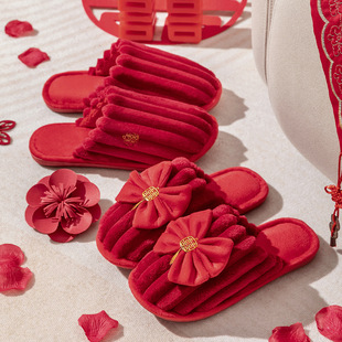 结婚拖鞋 情侣喜庆红色家居保暖防滑新婚棉拖2662新郎新娘 女秋冬季
