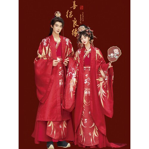 唐制汉服婚服新娘结婚中式嫁衣凤冠霞帔大全套大袖出阁新郎礼服秋