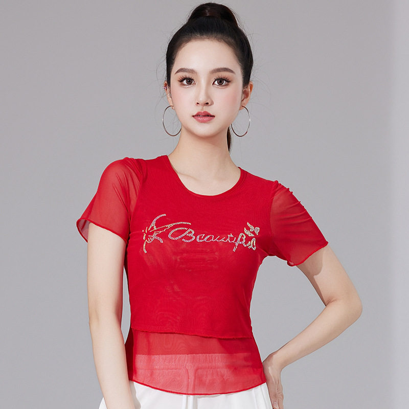 2026广场舞蹈服夏季新款假两件双层网纱彩钻修身显瘦跳舞上衣女