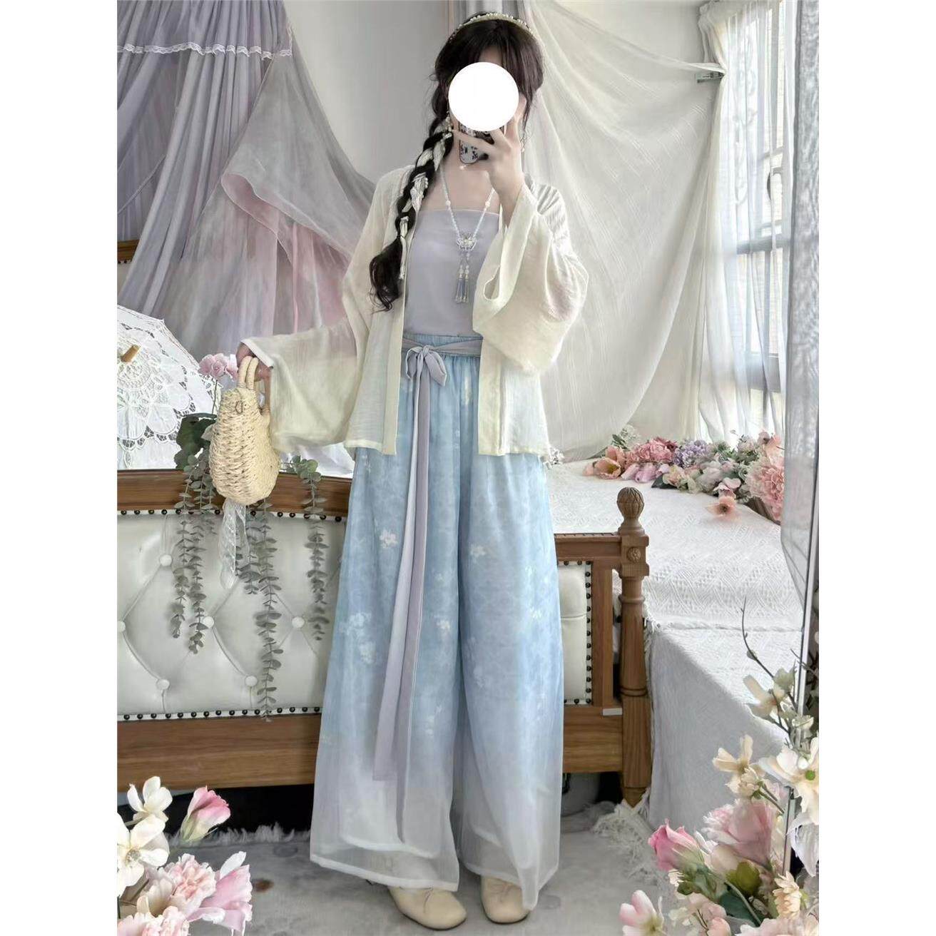 原创汉服宋制女2026新款改良短衫阔腿裤印花宋裤吊带国风元素套装