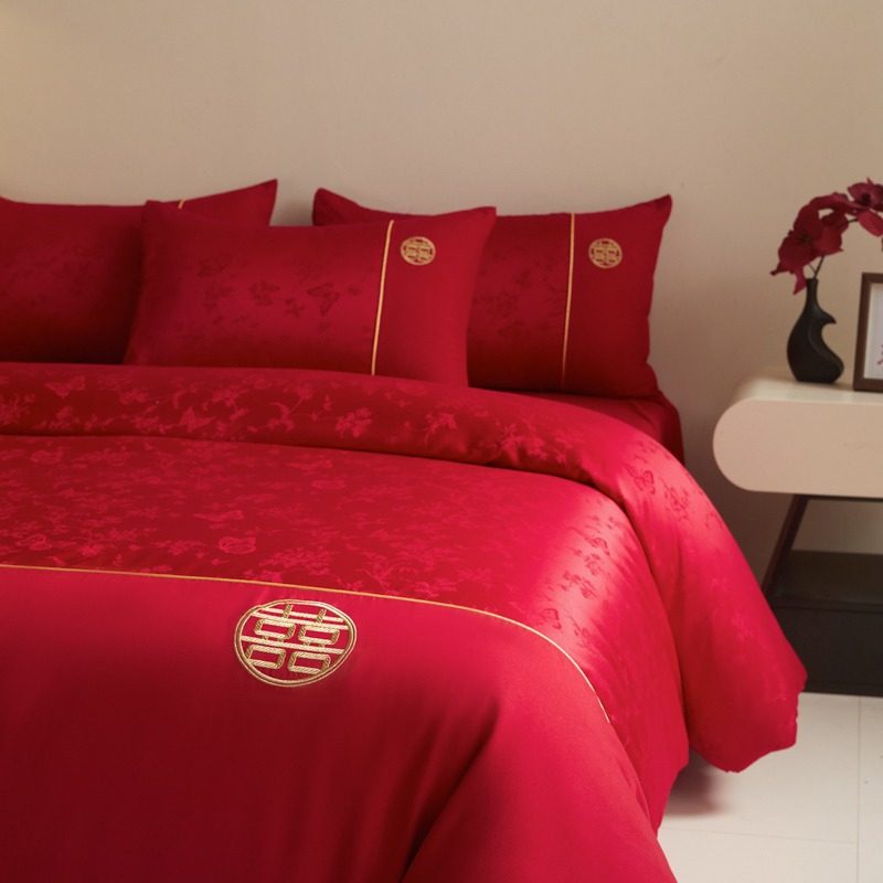 高档提花婚庆四件套红色结婚被套纯棉床单床笠新婚嫁喜被床上用品