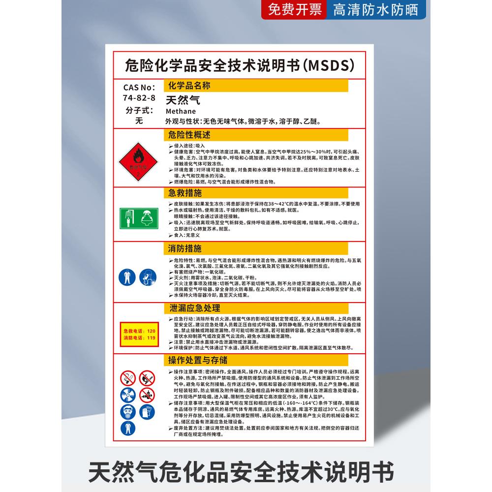 天然气危险化学品安全技术说明书液化石油气MSDS标志牌燃气告知卡工厂车间警示牌
