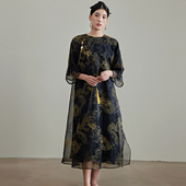 黑色旗袍连衣裙 中式 陌遇原创2025春夏新款 中国风复古改良刺绣大码