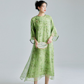 陌遇2025年春夏新款 超仙连衣裙 中国风气质100%真丝印花旗袍新中式