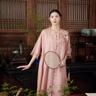 陌遇原创丨舜华丨夏季新款中国风100%桑蚕丝绣花中开襟旗袍连衣裙