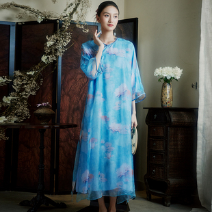 悠荷 大码 中国风夏季 100%真丝印花新中式 旗袍连衣裙 新款 陌遇