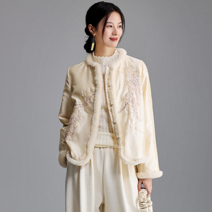 陌遇原创国风秋冬新款 獭兔毛镶边刺绣棉衣 新中式优雅日常外套