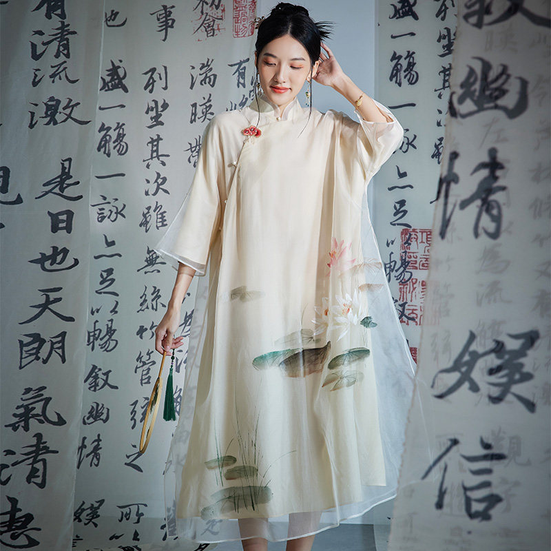 陌遇中国风工笔手绘荷花连衣裙