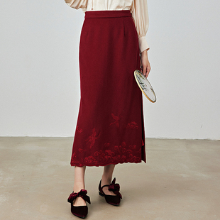 陌遇原创2025秋冬民国风旗袍式直身半裙新中式羊毛呢刺绣半身裙
