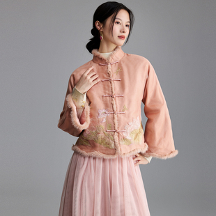 陌遇原创冬季新款 水貂毛镶边刺绣优雅棉衣 新中式改良唐装外套