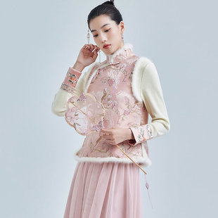 陌遇2025年冬季新款中国风复古改良水貂毛棉袄织锦缎唐装马甲上衣