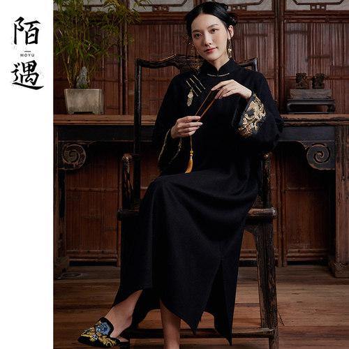 秋季新款毛呢旗袍中式风连衣裙