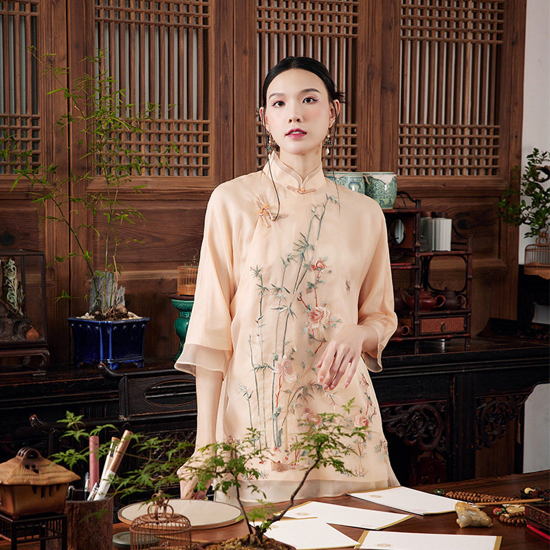 陌遇丨浅霞丨夏季中国风新款真丝重工绣花茶服新中式长款唐装上衣