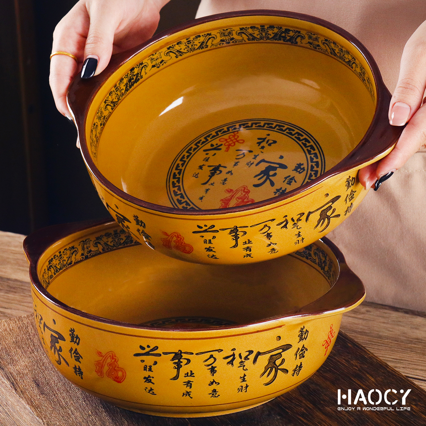 中国风陶瓷双耳碗酒店家用9英寸