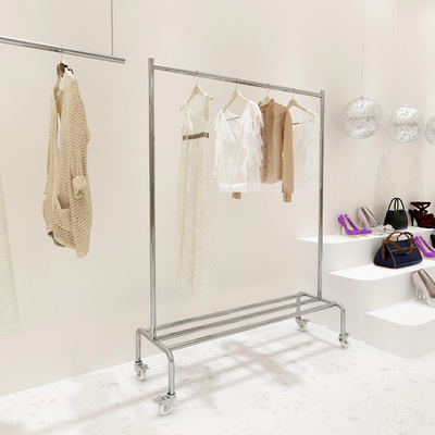 服装店展示架不锈钢带轮子银色简约女装落地挂衣收纳层货架陈列架