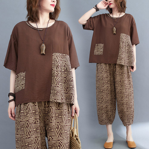 大码短袖上衣阔腿裤两件套