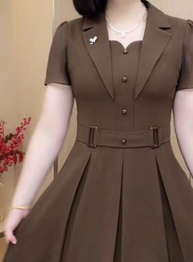 大码妈妈装夏装连衣裙西装领中老年女装高贵洋气收腰裙子2025新款