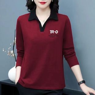 中老年POLO领减龄上衣翻领洋气妈妈打底衫 秋冬纯棉长袖 t恤女大码