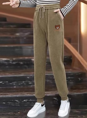 灯芯绒加绒卫裤女冬季新款妈妈加厚高腰大码哈伦裤保暖束脚运动裤