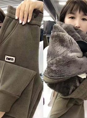 冬季秋冬新款加绒加厚休闲裤高腰卫裤妈妈宽松大码保暖束脚哈伦裤