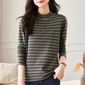 条纹半高领打底衫 上衣 妈妈装 女秋冬加绒内搭保暖德绒长袖 t恤大码