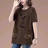 纯棉短袖 T恤女夏季 新款 中长款 宽松大码 中年妈妈宽松遮肚显瘦上衣