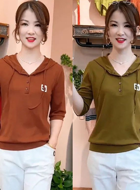 2025春秋季新款女士卫衣女七分袖长袖上衣连帽中年妈妈装大码女装