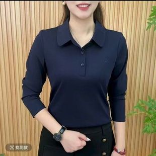 大码 t恤中年妈妈POLO打底衫 显瘦翻领上衣女 洋气女士长袖 春秋时尚
