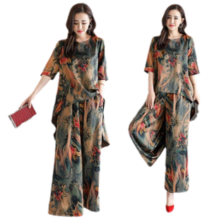 2023妈妈套装夏装新款短袖上衣女士大码阔腿裤复古印花显瘦两件套