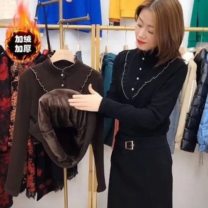 打底衫女内搭2025新款秋冬加绒加厚半高领中年妈妈大码木耳边上衣